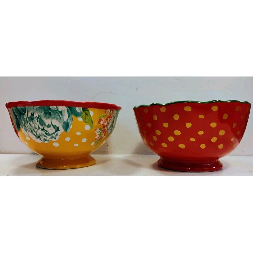 Pioneer Woman Blossom Jubilee Footed Soup Cereal Bowls Set of 2 Red Yellow AS IS
